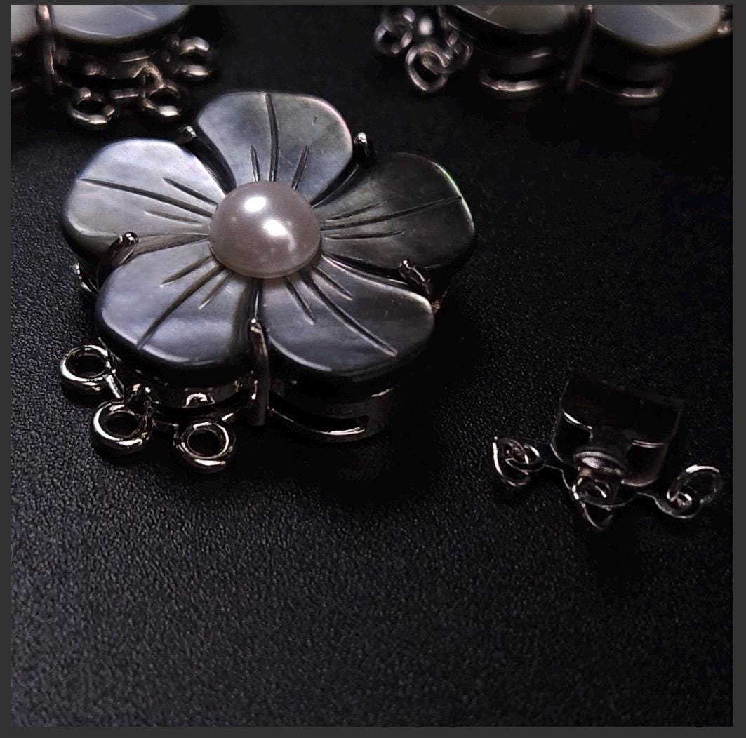 Mother of pearl clasp. Black Lip, White Mother of pearl 3 Loop Fancy Flower Clasp, Jewelry Making Rhodium 3 line Necklace Bracelet clasp