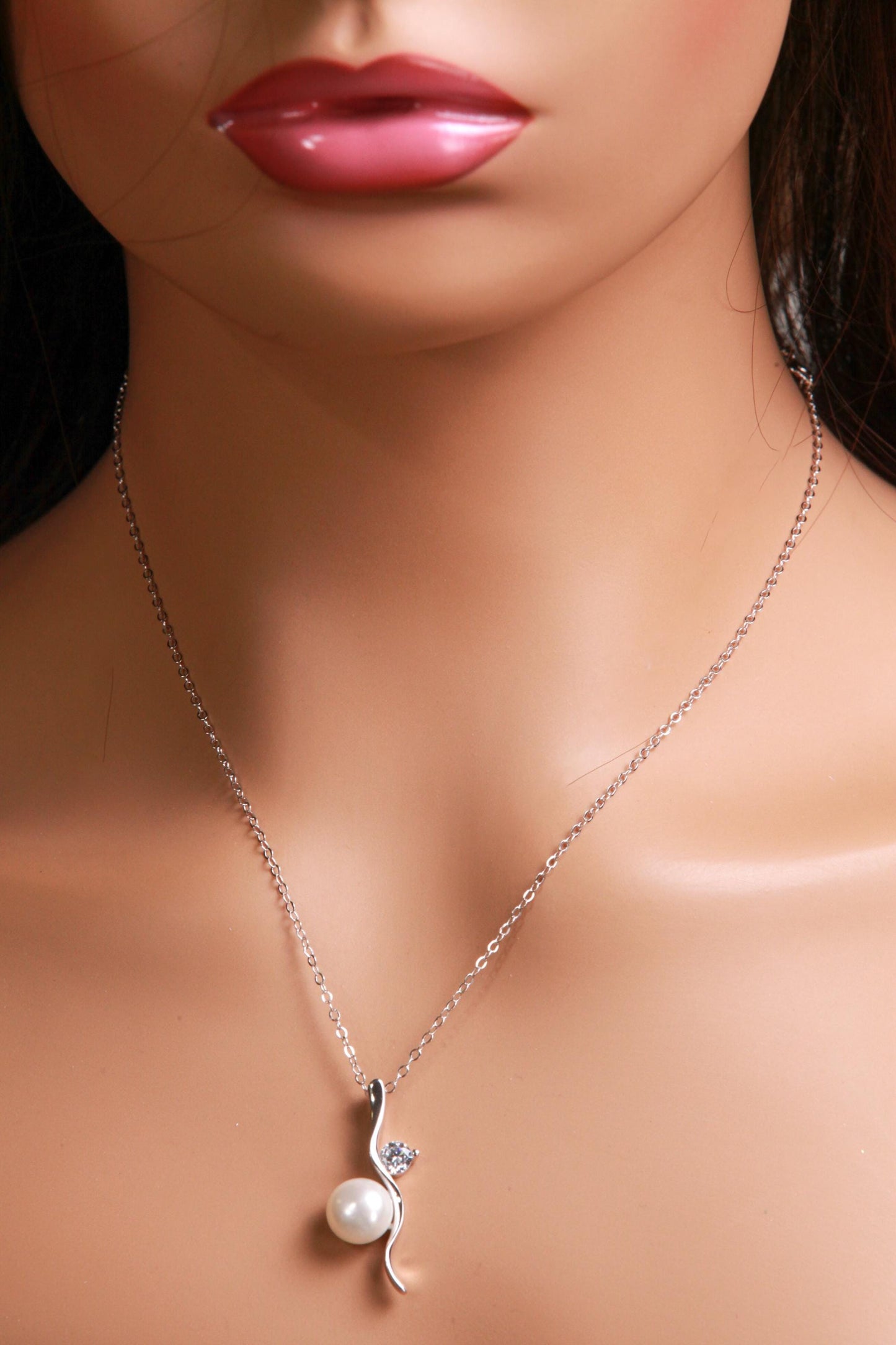 Marcasite 925 Sterling CZ Diamond with 10mm Freshwater Pearl Pendant Necklace with Rhodium Non Tarnish Sterling Silver Chain, Vintage gift
