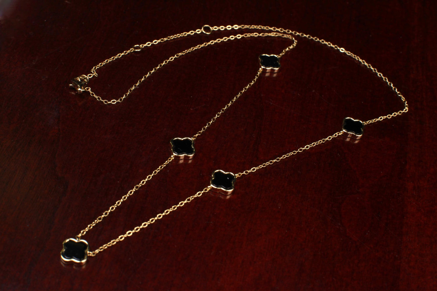 22K Gold Vermeil, 925 Sterling Silver, Flowers Charm 8.5mm Natural Black Onyx 5pcs Adjustable 16”,17",18" 3 in 1 necklace