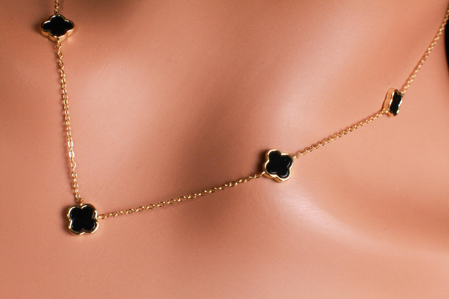 22K Gold Vermeil, 925 Sterling Silver, Flowers Charm 8.5mm Natural Black Onyx 5pcs Adjustable 16”,17",18" 3 in 1 necklace