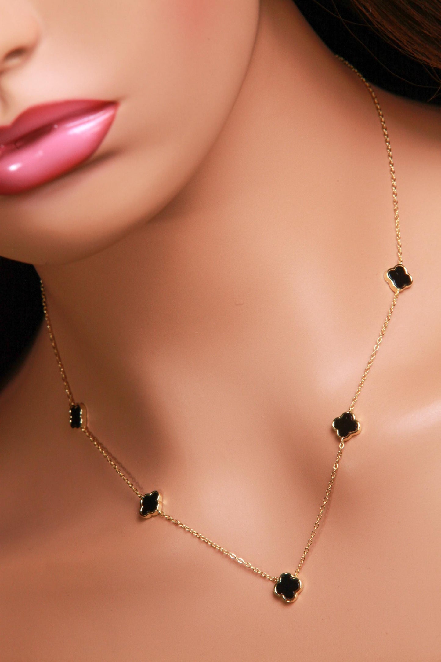 22K Gold Vermeil, 925 Sterling Silver, Flowers Charm 8.5mm Natural Black Onyx 5pcs Adjustable 16”,17",18" 3 in 1 necklace
