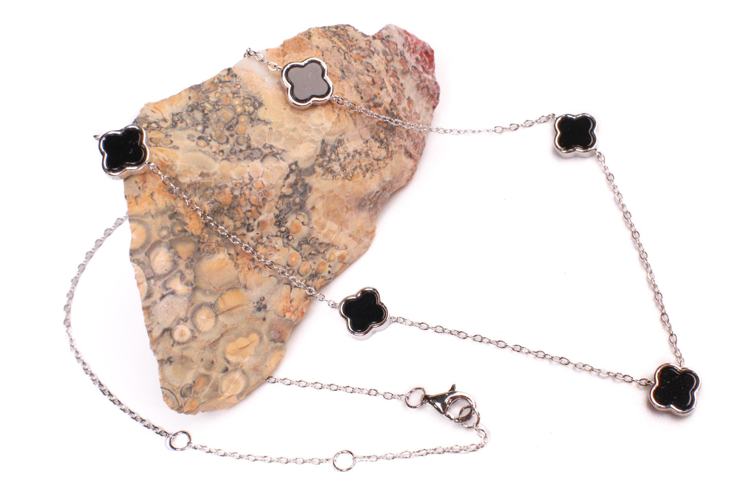 22K Gold Vermeil, 925 Sterling Silver, Flowers Charm 8.5mm Natural Black Onyx 5pcs Adjustable 16”,17",18" 3 in 1 necklace