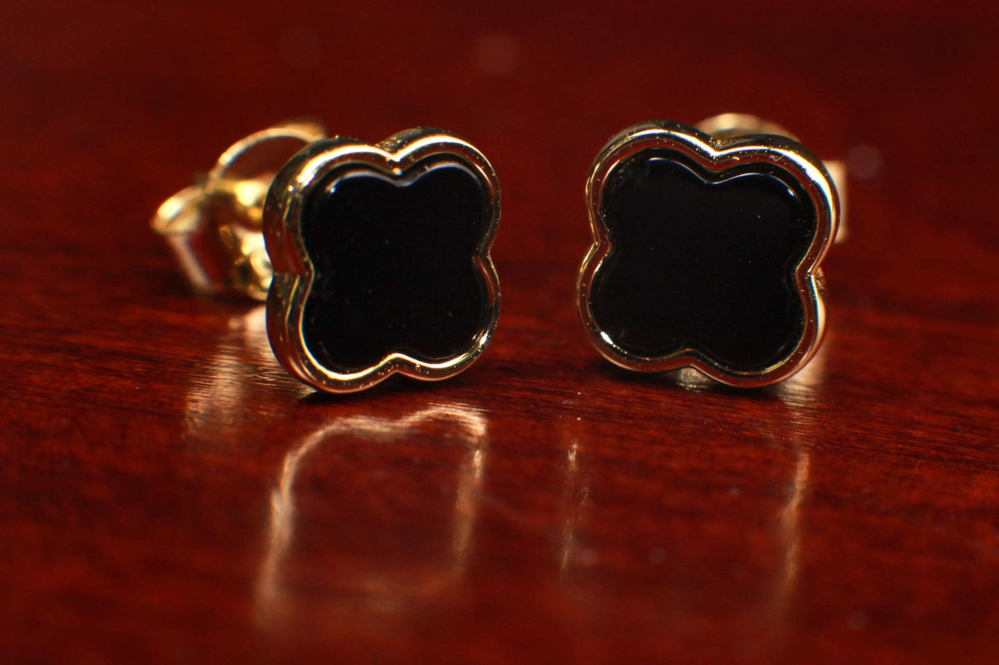 Natural Black Onyx 8mm Four Leaf Flower Stud Earrings in 18K Gold Vermeil over 925 Sterling Silver Earrings, 925 Stamped Charm earring love