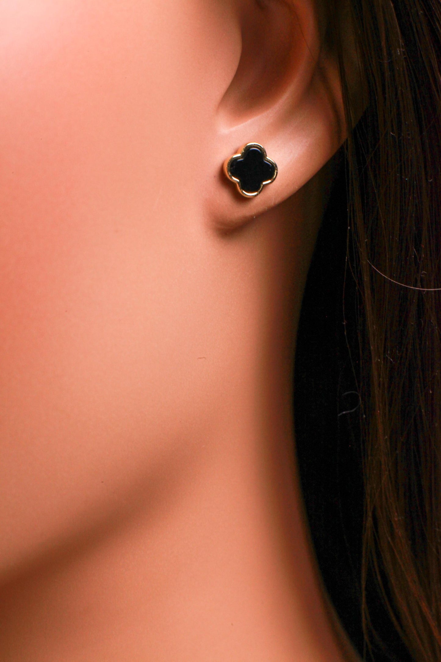 Natural Black Onyx 8mm Four Leaf Flower Stud Earrings in 18K Gold Vermeil over 925 Sterling Silver Earrings, 925 Stamped Charm earring love