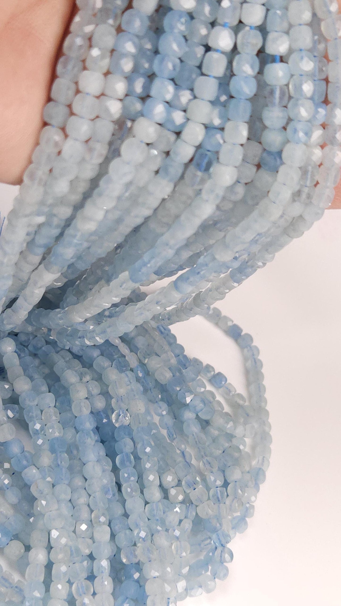 Natural Aquamarine Gemstone Sky Blue Faceted 4mm Square Cube Shape, shaded Aquamarine, Jewelry Making 12" strand.High quality
