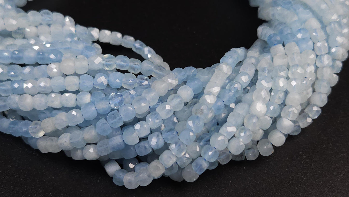 Natural Aquamarine Gemstone Sky Blue Faceted 4mm Square Cube Shape, shaded Aquamarine, Jewelry Making 12" strand.High quality