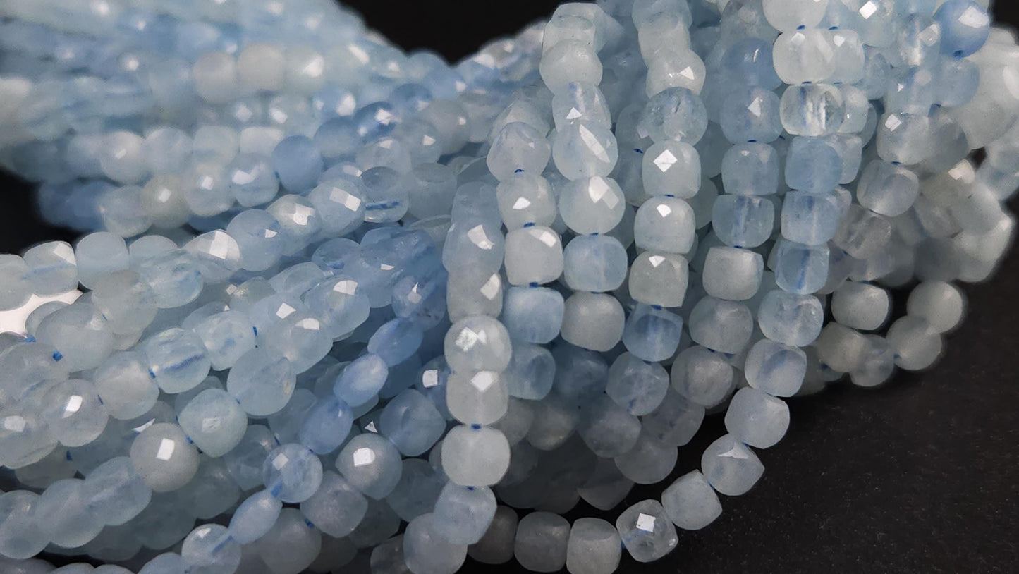 Natural Aquamarine Gemstone Sky Blue Faceted 4mm Square Cube Shape, shaded Aquamarine, Jewelry Making 12" strand.High quality