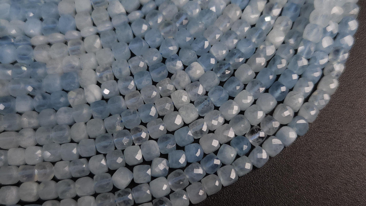 Natural Aquamarine Gemstone Sky Blue Faceted 4mm Square Cube Shape, shaded Aquamarine, Jewelry Making 12" strand.High quality
