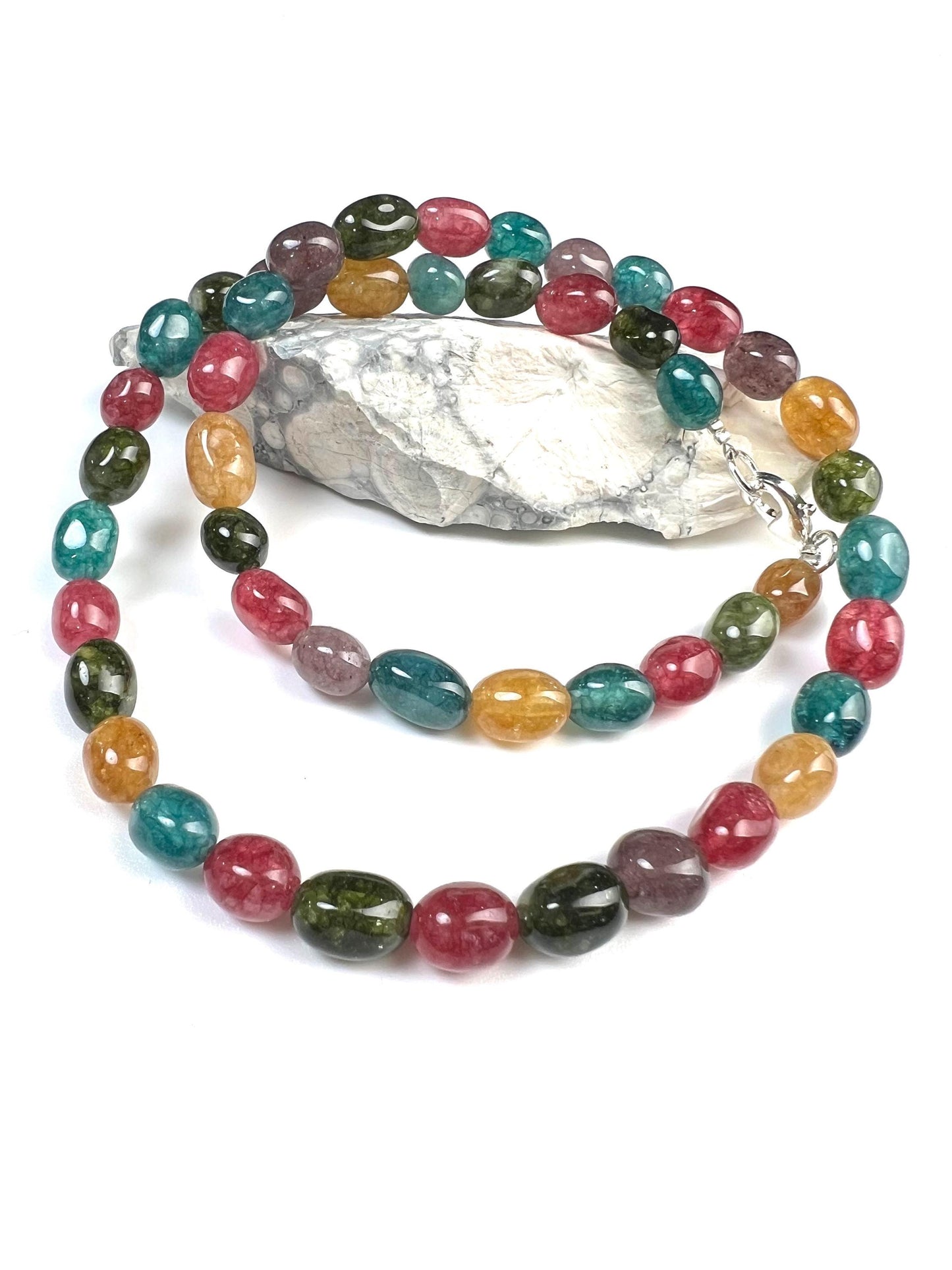 Multi color Rainbow gemstone 7-8mm smooth oval Tourmaline Quartz beaded necklace. Blue pink purple yellow necklace