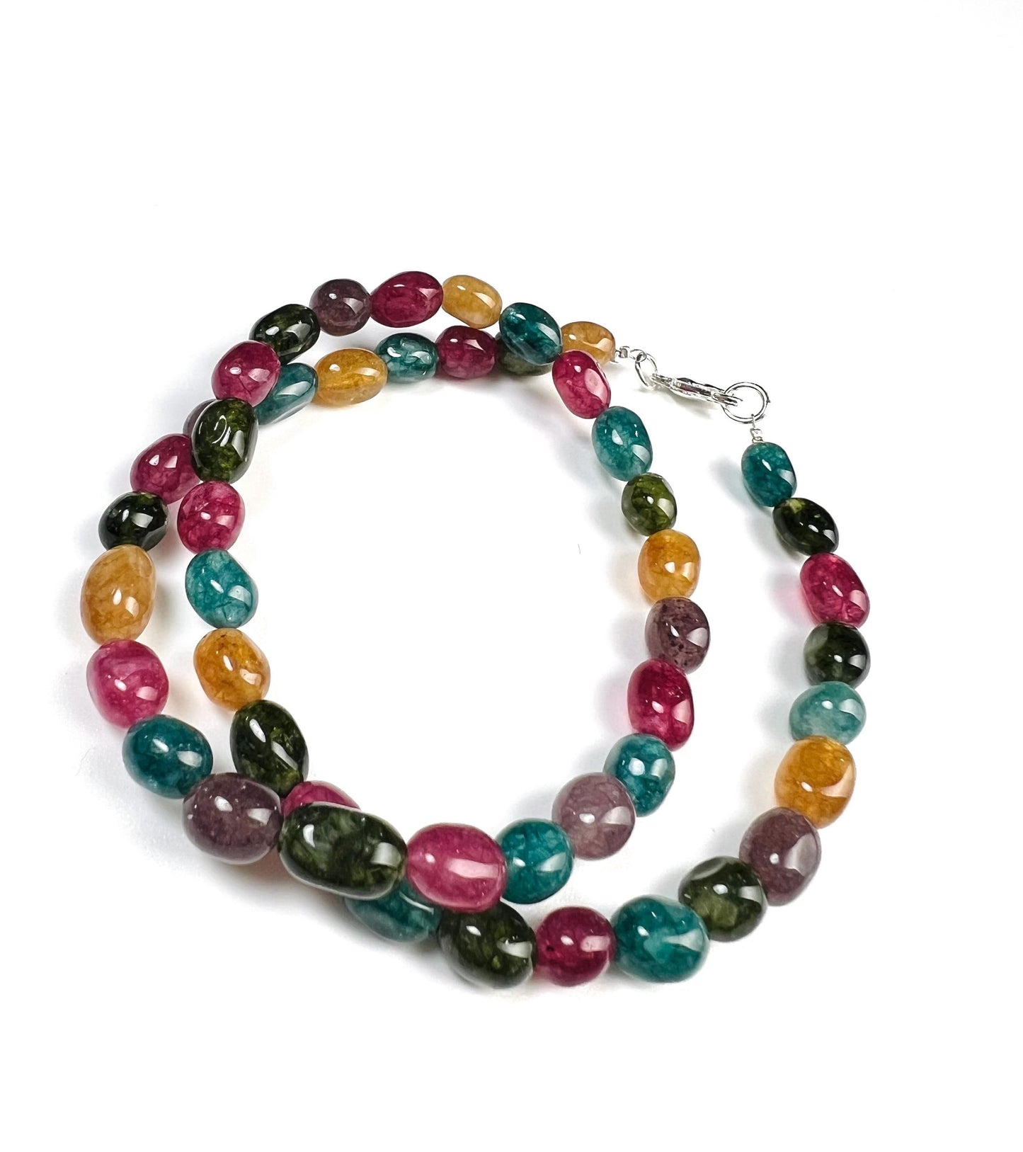 Multi color Rainbow gemstone 7-8mm smooth oval Tourmaline Quartz beaded necklace. Blue pink purple yellow necklace