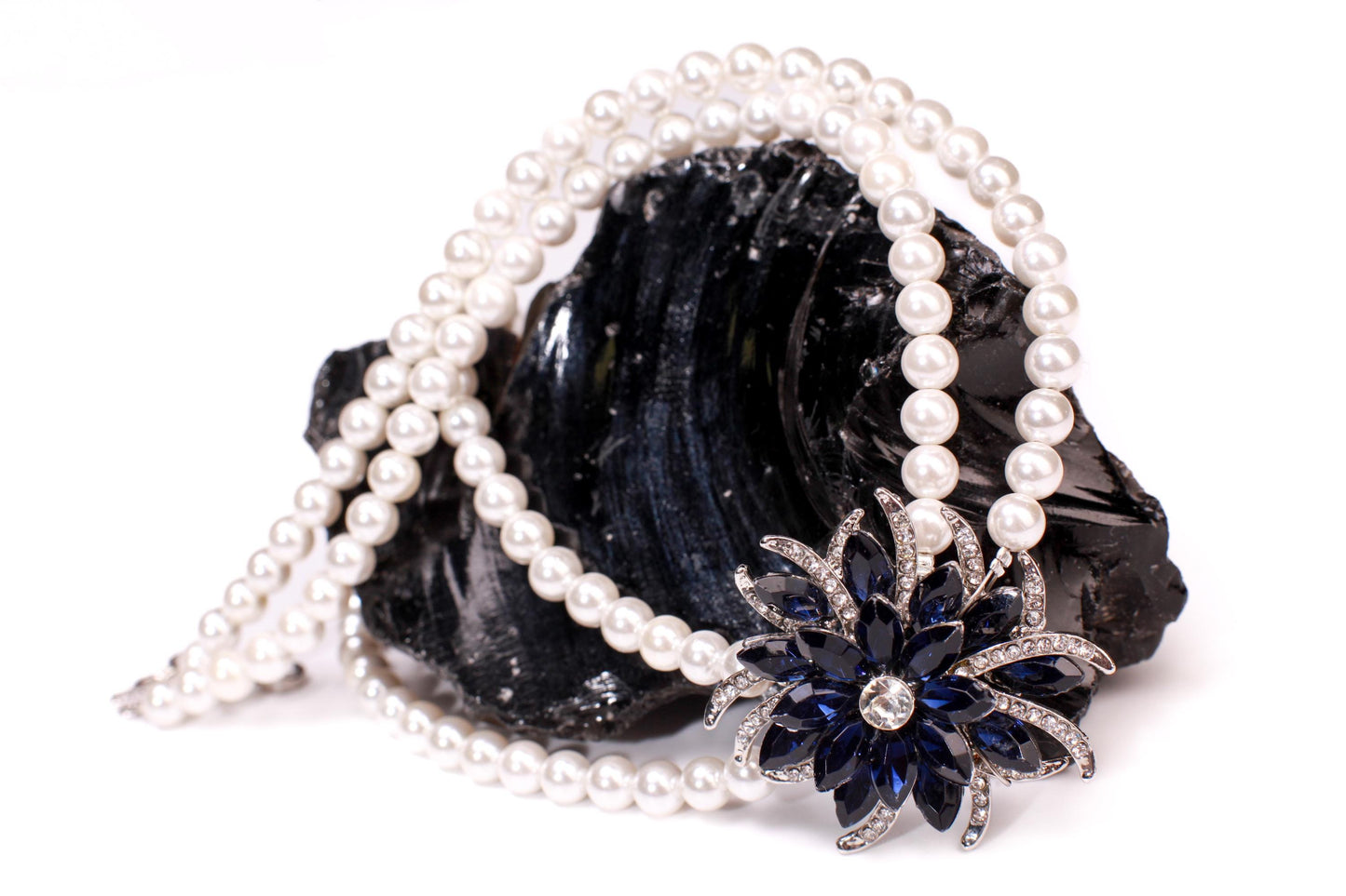 South Sea Shell Pearl 8mm Double Layered Necklace with Blue Sapphire 40mm CZ Pendant Necklace with 2" Extension Chain wedding party jewelry