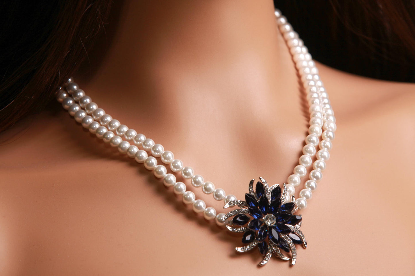 South Sea Shell Pearl 8mm Double Layered Necklace with Blue Sapphire 40mm CZ Pendant Necklace with 2" Extension Chain wedding party jewelry