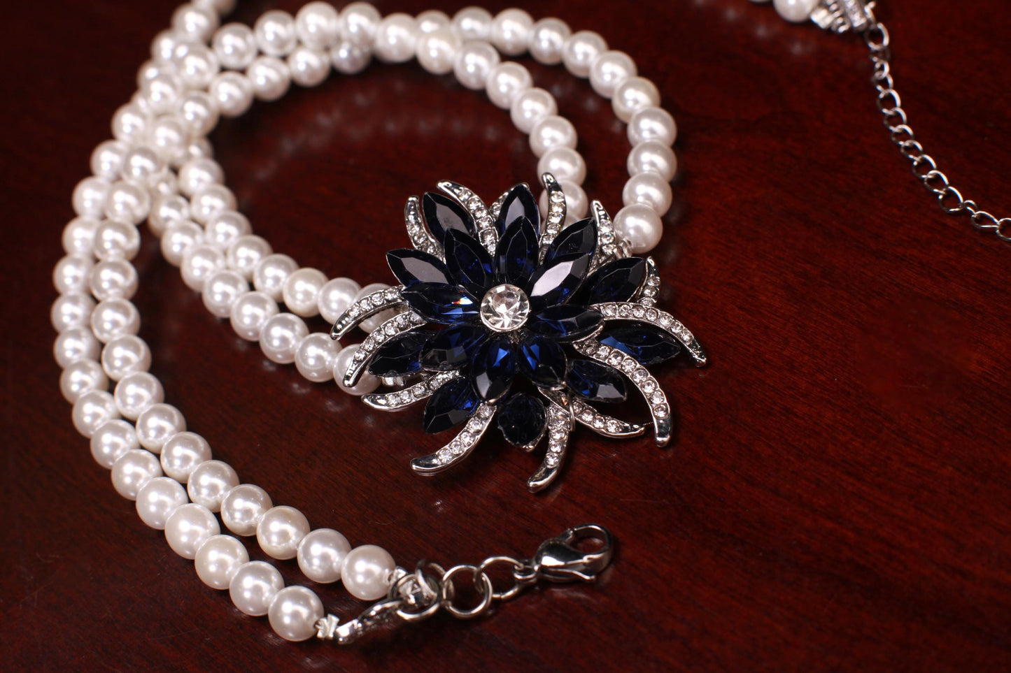 South Sea Shell Pearl 8mm Double Layered Necklace with Blue Sapphire 40mm CZ Pendant Necklace with 2" Extension Chain wedding party jewelry