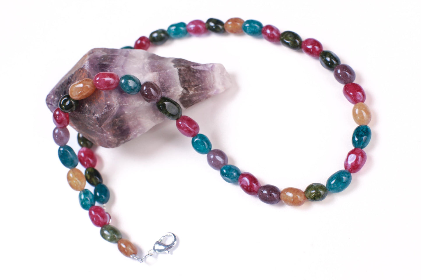 Multi color Rainbow gemstone 7-8mm smooth oval Tourmaline Quartz beaded necklace. Blue pink purple yellow necklace