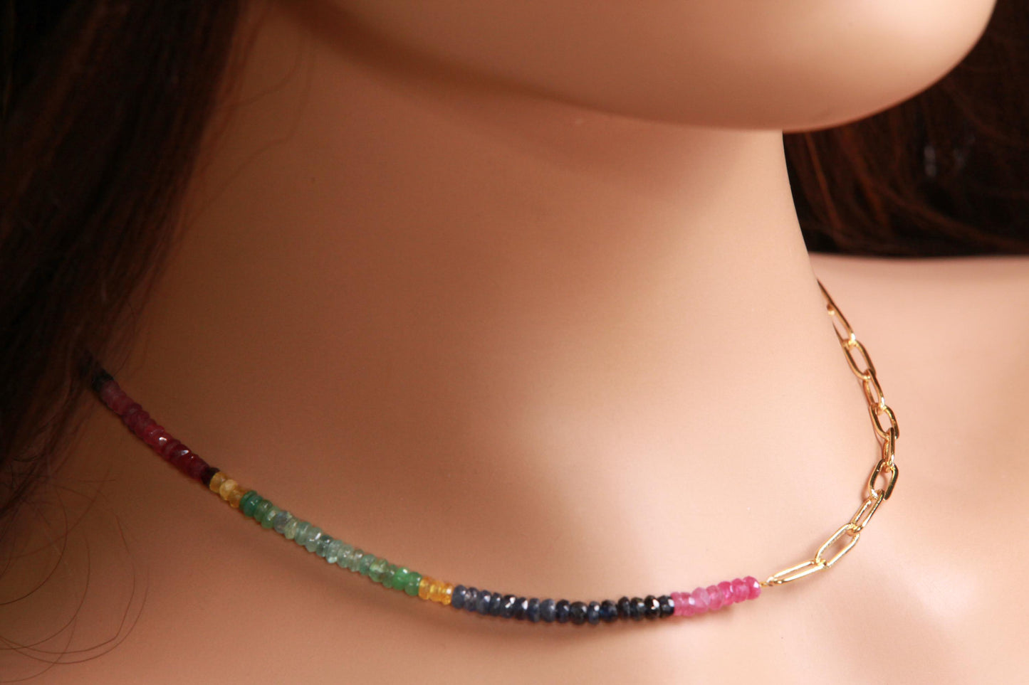 Half gems half chain Necklace. Natural Multi Sapphire Ruby Emerald with 18k Gold Vermeil Paper clip chain gold necklace Resistance Unity