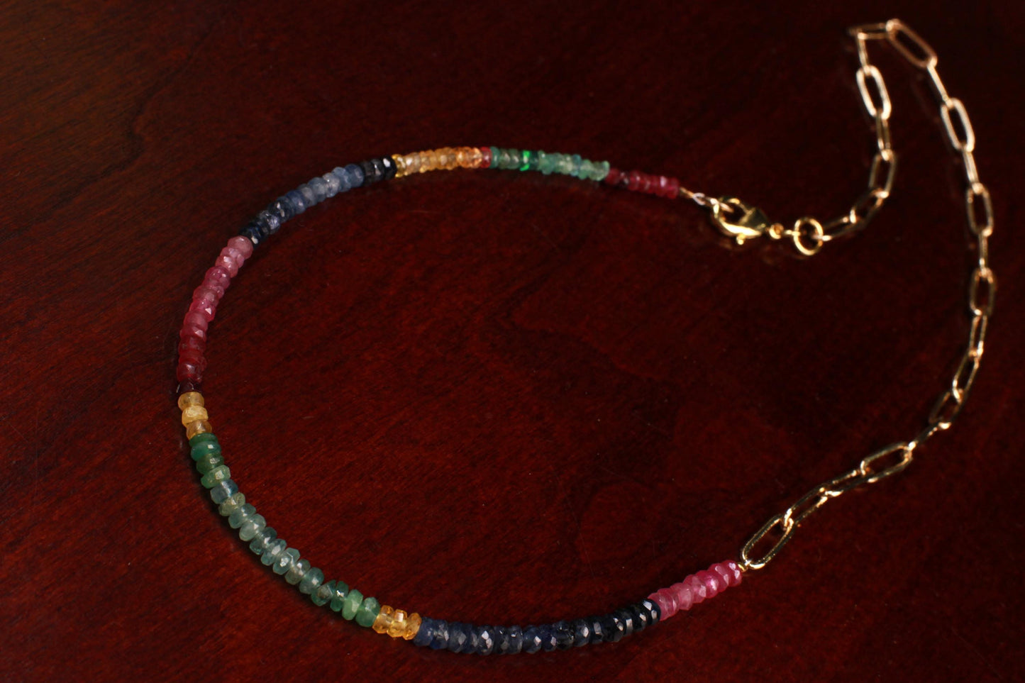 Half gems half chain Necklace. Natural Multi Sapphire Ruby Emerald with 18k Gold Vermeil Paper clip chain gold necklace Resistance Unity