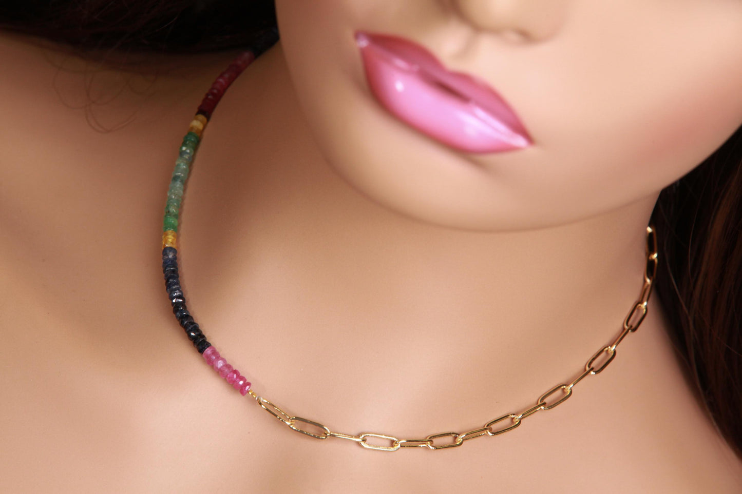 Half gems half chain Necklace. Natural Multi Sapphire Ruby Emerald with 18k Gold Vermeil Paper clip chain gold necklace Resistance Unity
