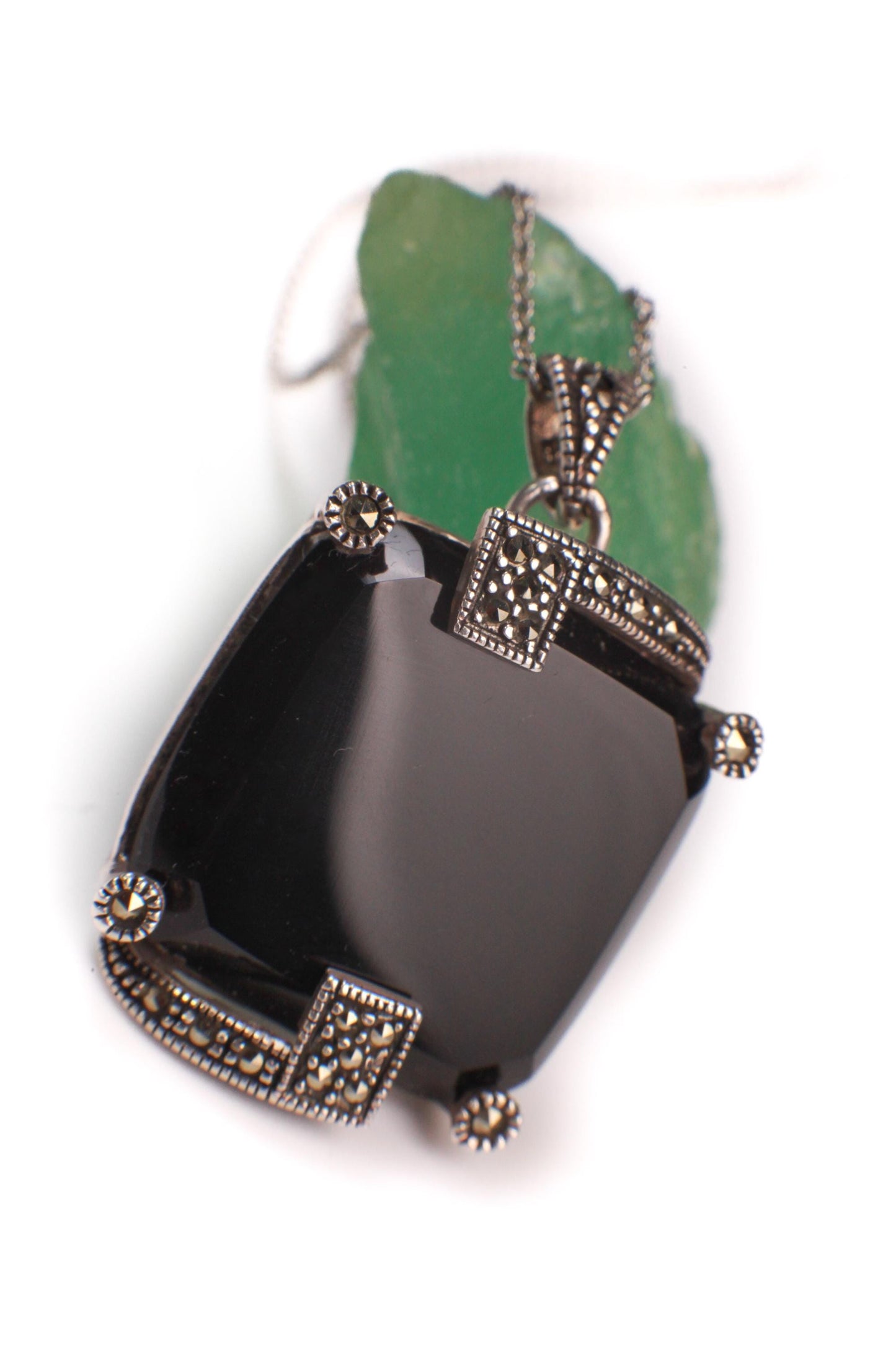 Vintage Marcasite and Black Onyx 925 Sterling Silver 22mm Square Pendant Necklace 925 Sterling Silver Chain, Vintage, Antique gift