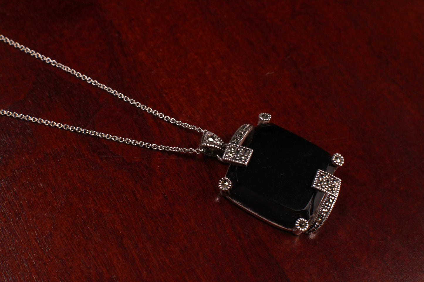 Vintage Marcasite and Black Onyx 925 Sterling Silver 22mm Square Pendant Necklace 925 Sterling Silver Chain, Vintage, Antique gift