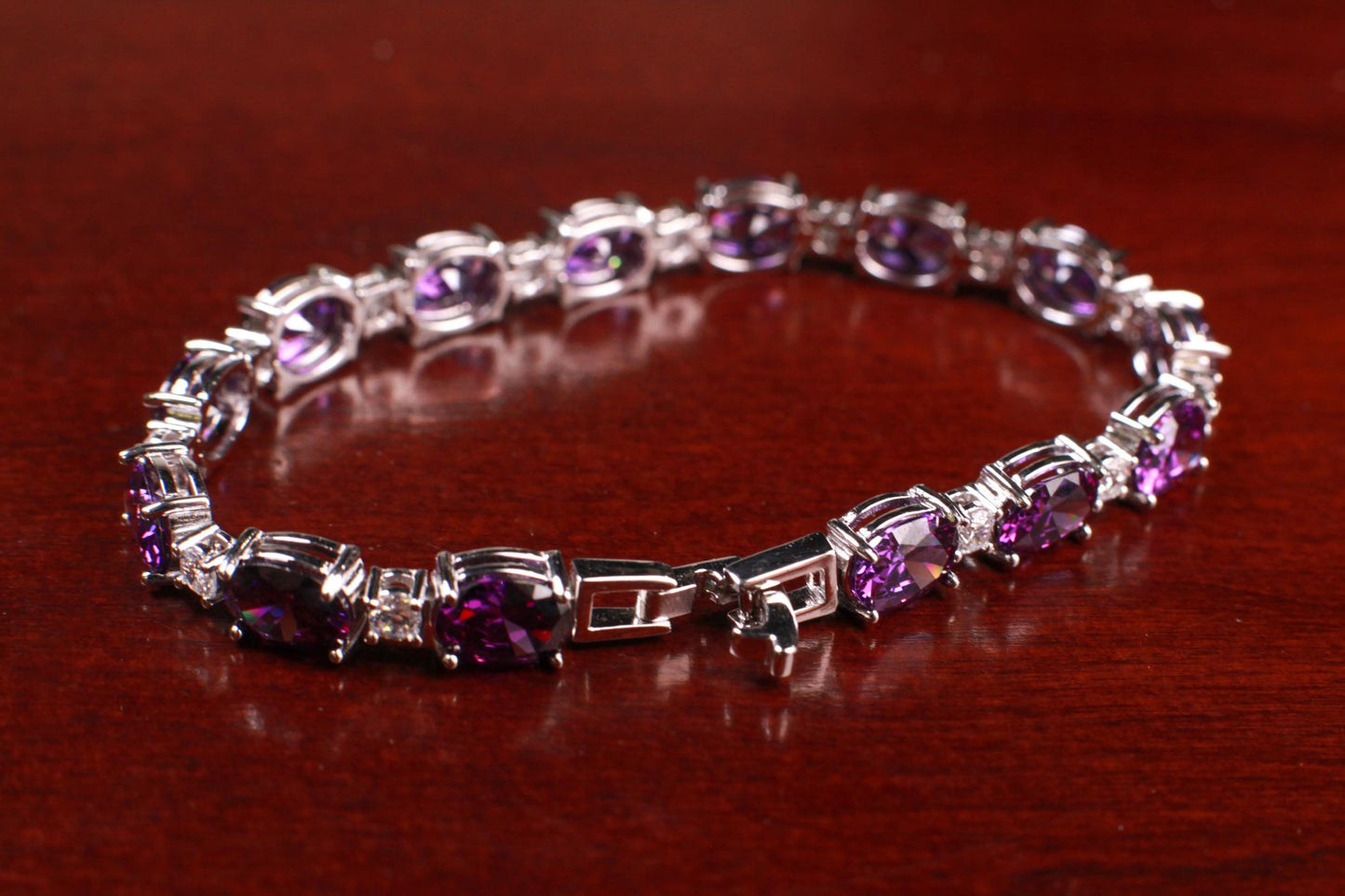 Purple Amethyst Oval shape 6x8mm Prong CZ Diamond 925 Sterling Silver Tennis Bracelet 7" February birthstone, holiday best gift 925 stamped