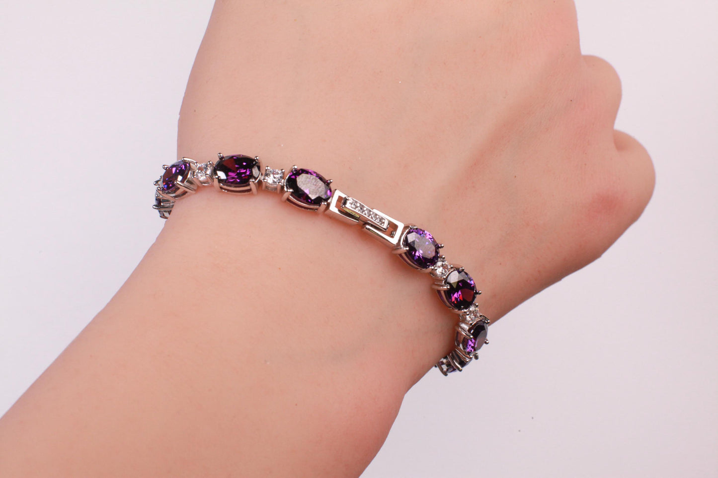 Purple Amethyst Oval shape 6x8mm Prong CZ Diamond 925 Sterling Silver Tennis Bracelet 7" February birthstone, holiday best gift 925 stamped