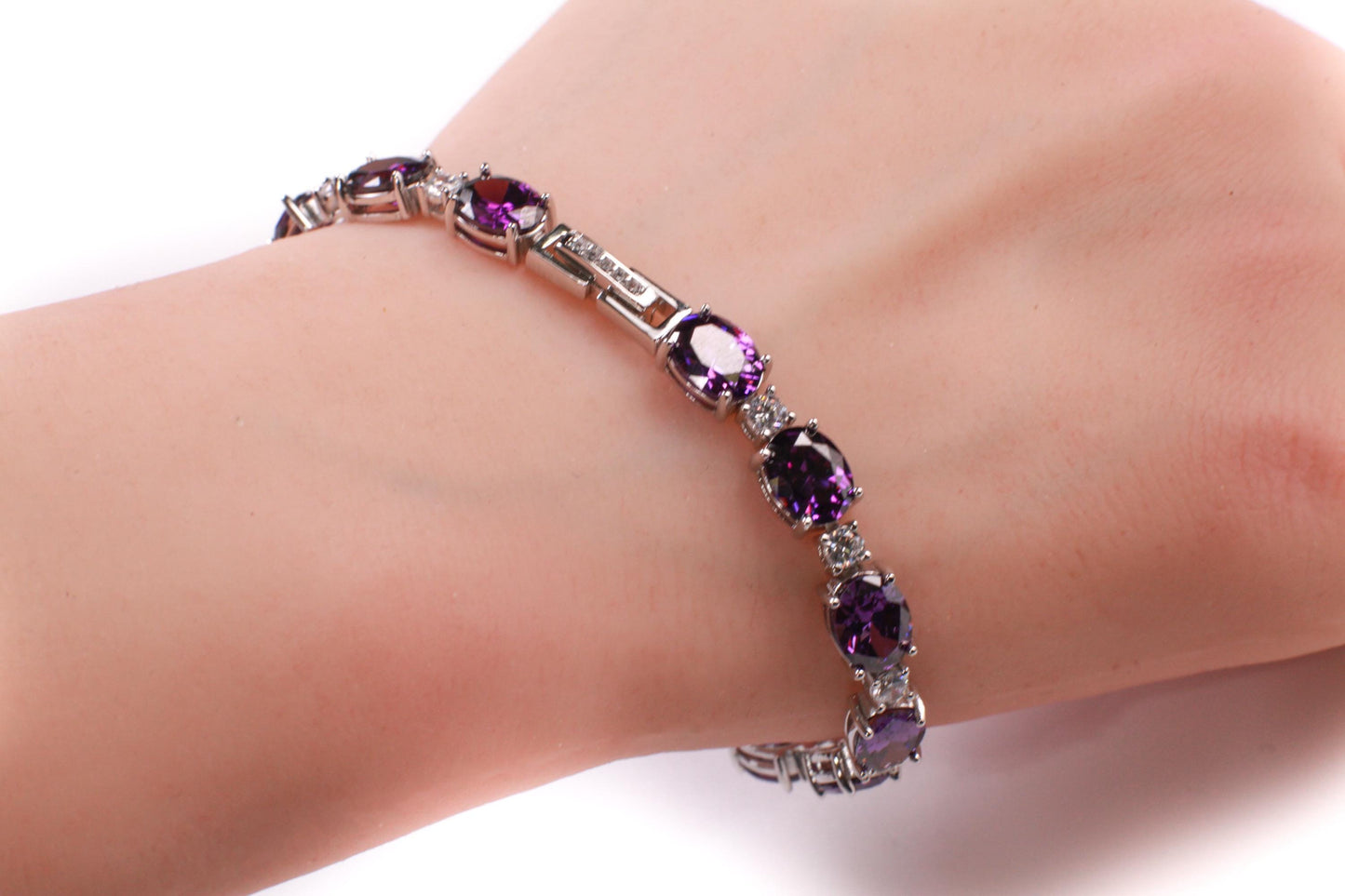Purple Amethyst Oval shape 6x8mm Prong CZ Diamond 925 Sterling Silver Tennis Bracelet 7" February birthstone, holiday best gift 925 stamped