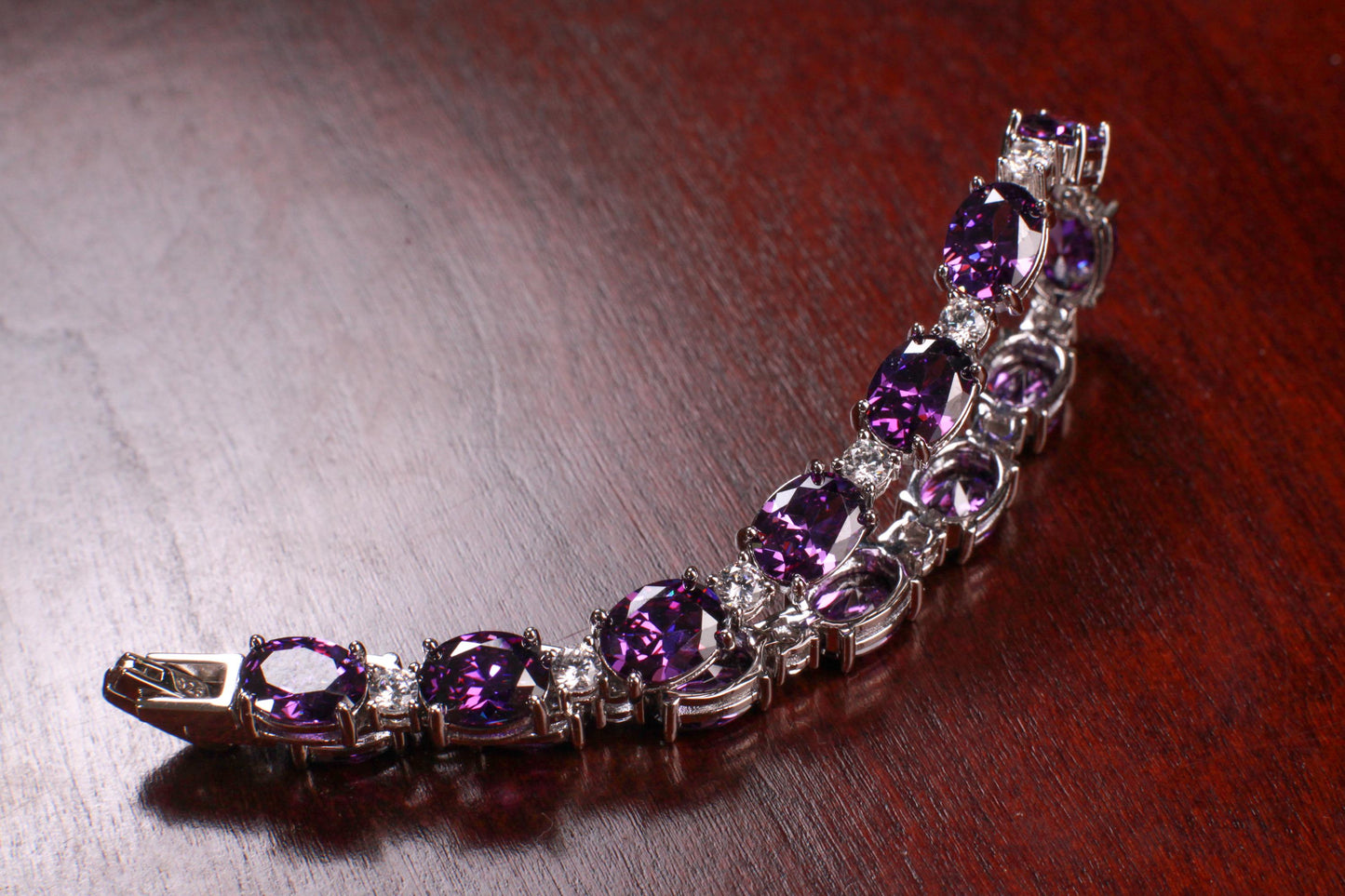 Purple Amethyst Oval shape 6x8mm Prong CZ Diamond 925 Sterling Silver Tennis Bracelet 7" February birthstone, holiday best gift 925 stamped