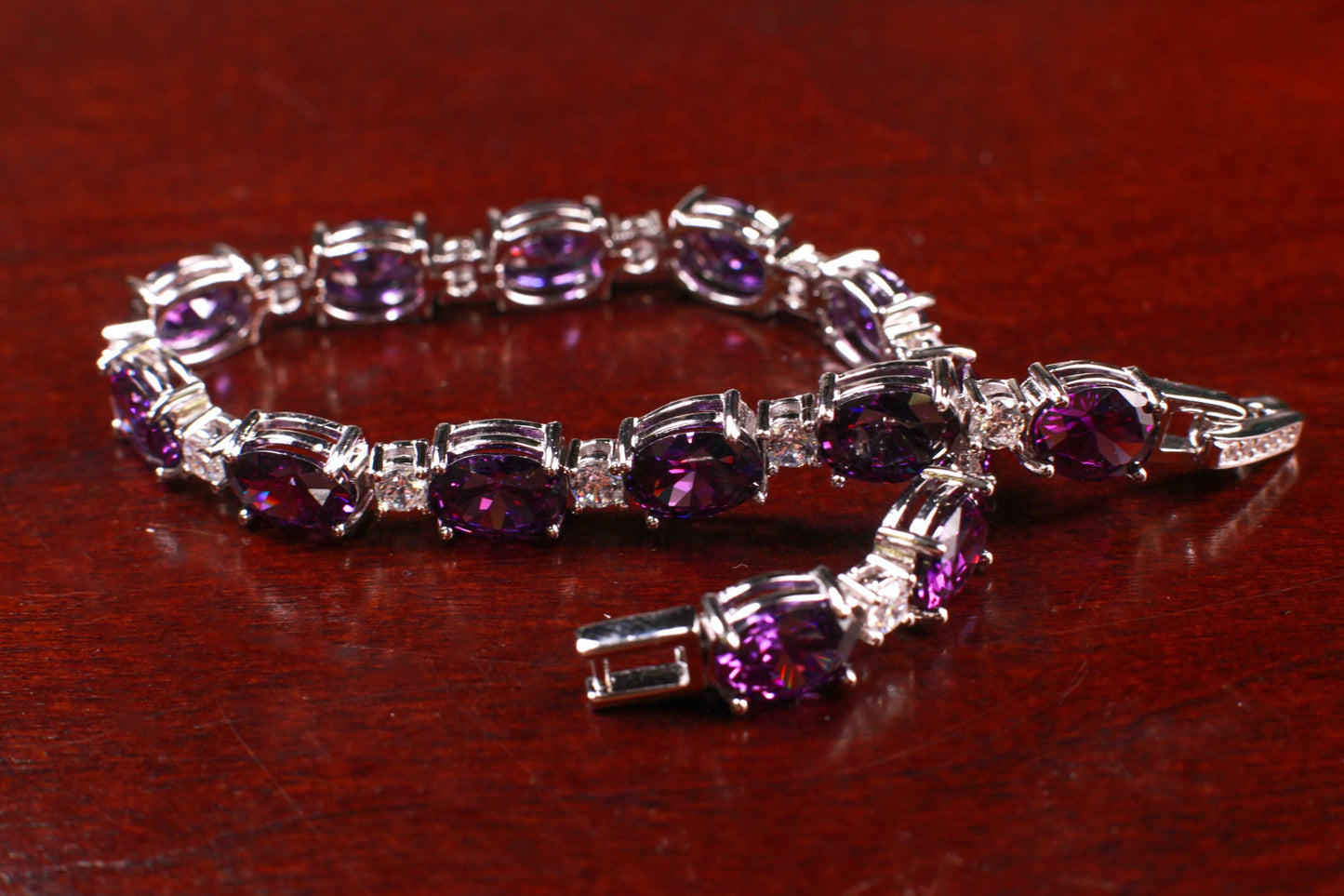 Purple Amethyst Oval shape 6x8mm Prong CZ Diamond 925 Sterling Silver Tennis Bracelet 7" February birthstone, holiday best gift 925 stamped