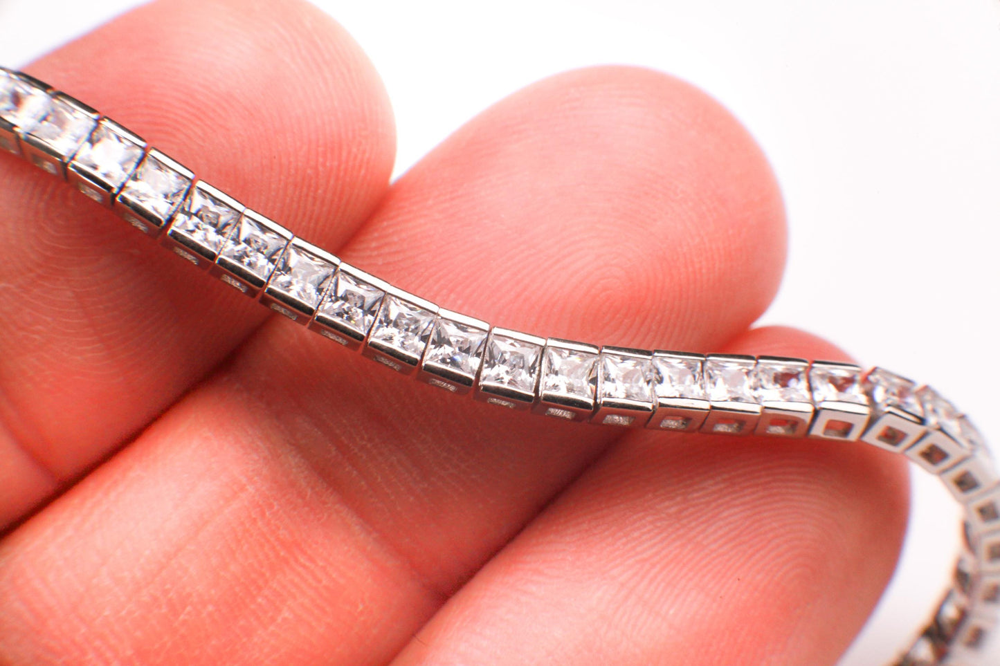 925 Sterling Silver CZ Diamond Princess cut Tennis Bracelet safety lock 7.5” 925 stamped . Elegant party evening wear bridal bracelet
