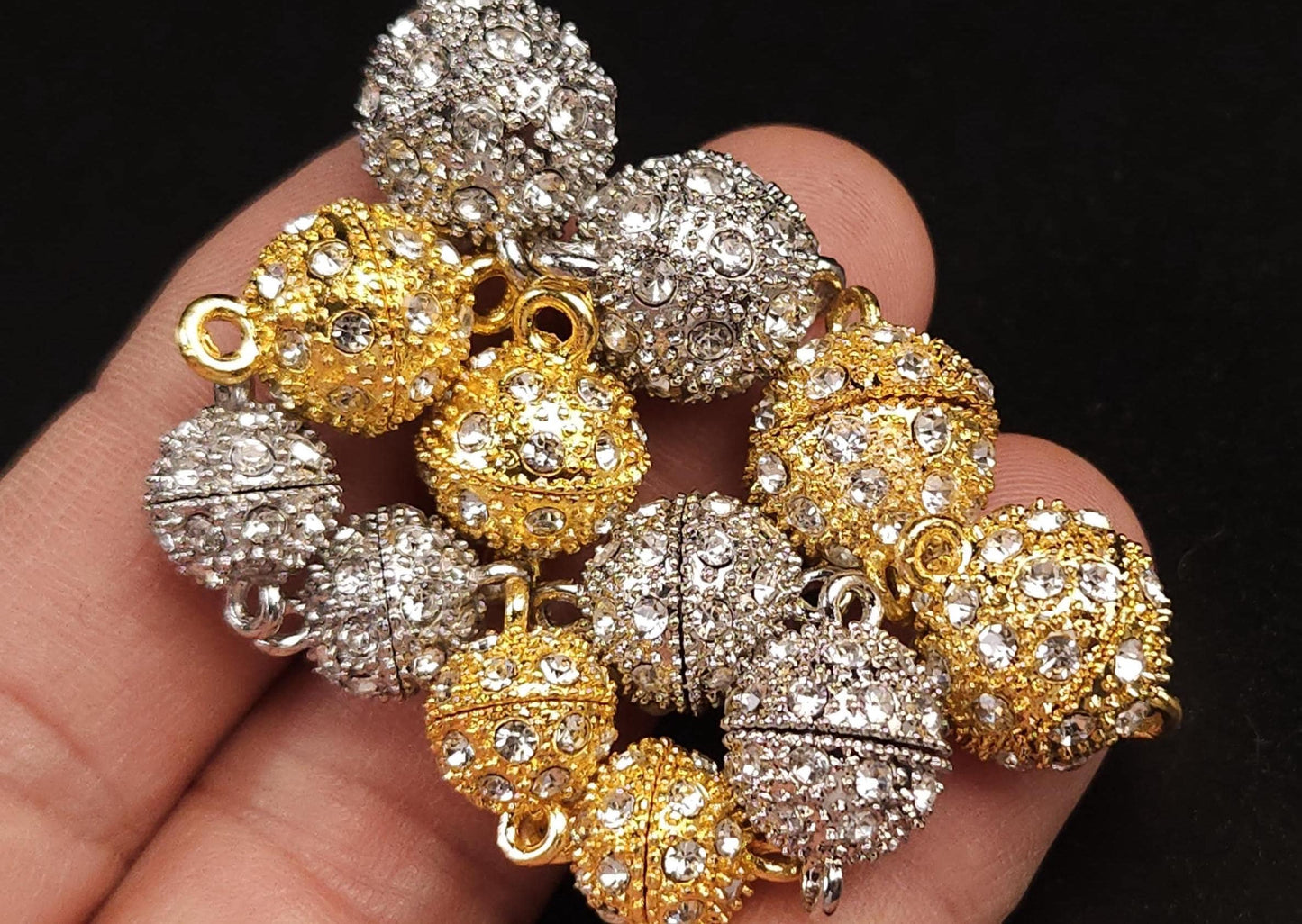 4 sets Silver, Gold 10,12,14mm Ball clasp with Rhinestone crystal setting, jewelry making Mag Ball clasp. 4 pcs sets