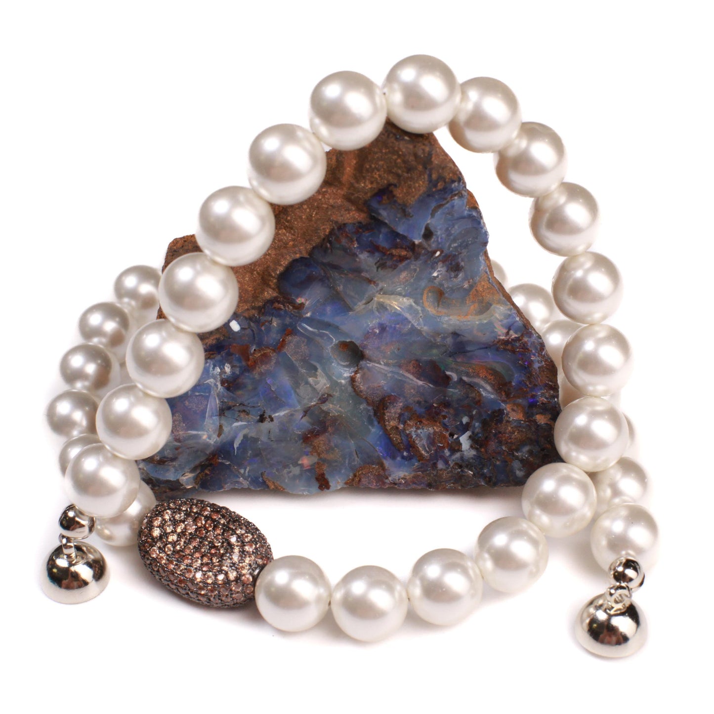 White South Seashell Pearl 10mm with Chocolate CZ Micro pave Diamond Oval Pendant Mag Necklace