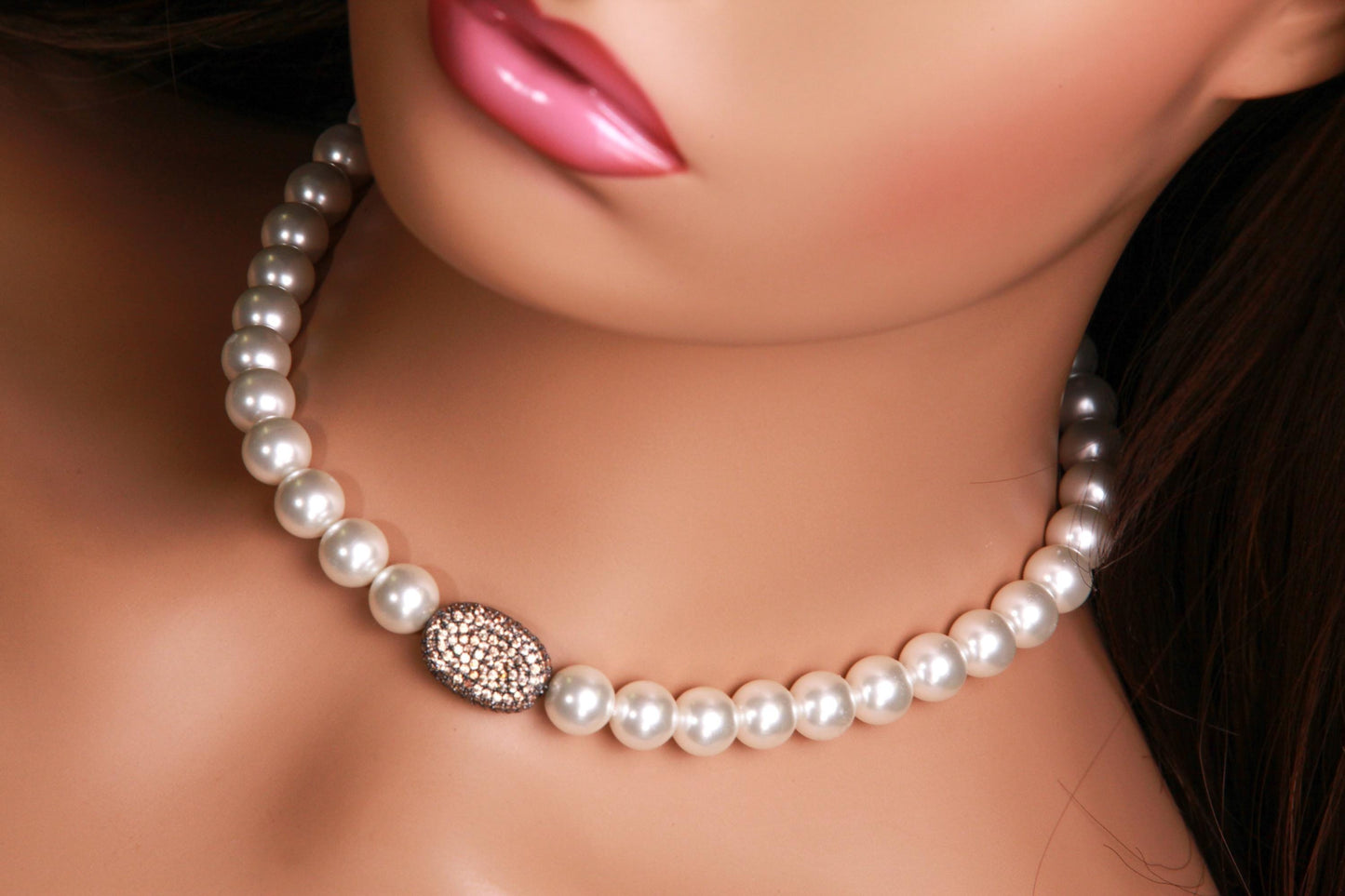 White South Seashell Pearl 10mm with Chocolate CZ Micro pave Diamond Oval Pendant Mag Necklace