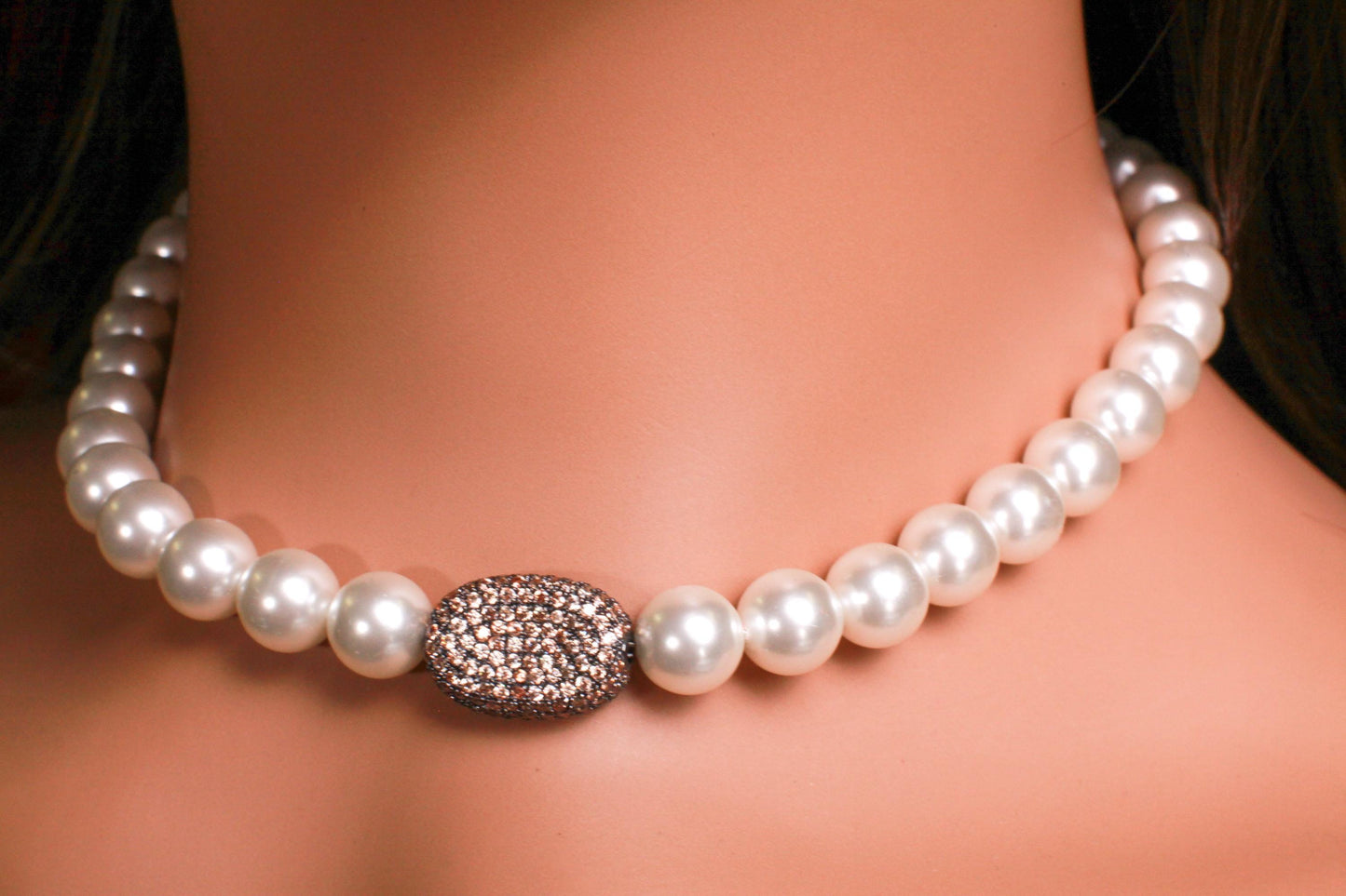 White South Seashell Pearl 10mm with Chocolate CZ Micro pave Diamond Oval Pendant Mag Necklace