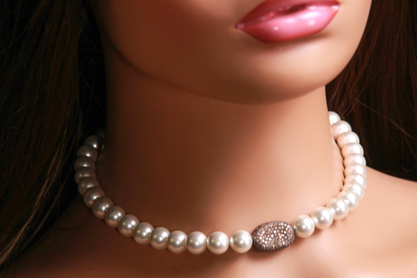 White South Seashell Pearl 10mm with Chocolate CZ Micro pave Diamond Oval Pendant Mag Necklace