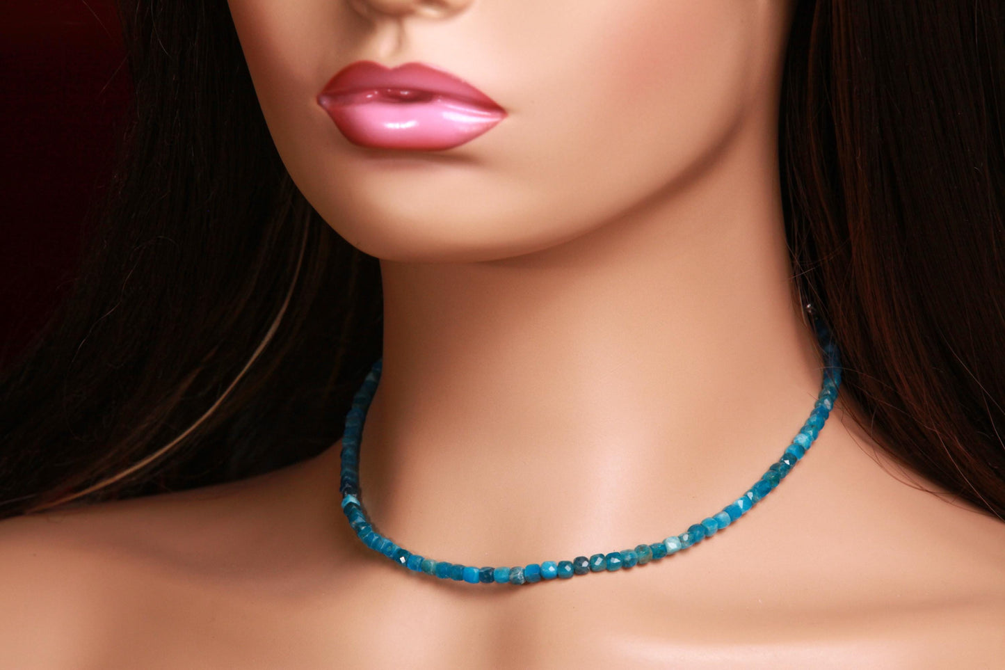 Natural Apatite 4mm Faceted Cube gemstone beaded necklace beautiful aqua neon blue beaded choker or layer necklace