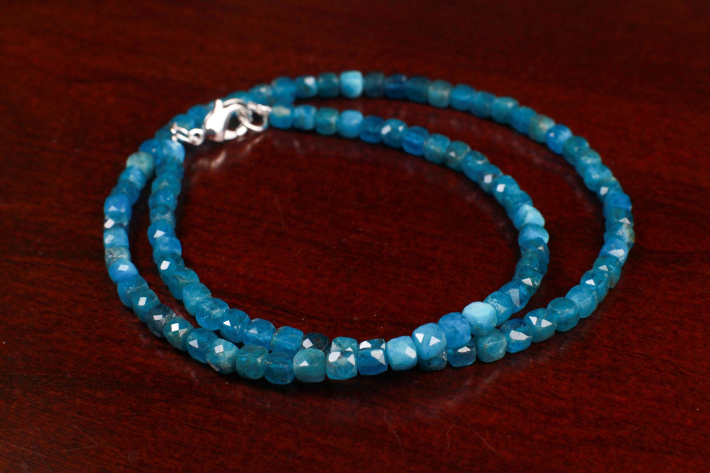 Natural Apatite 4mm Faceted Cube gemstone beaded necklace beautiful aqua neon blue beaded choker or layer necklace