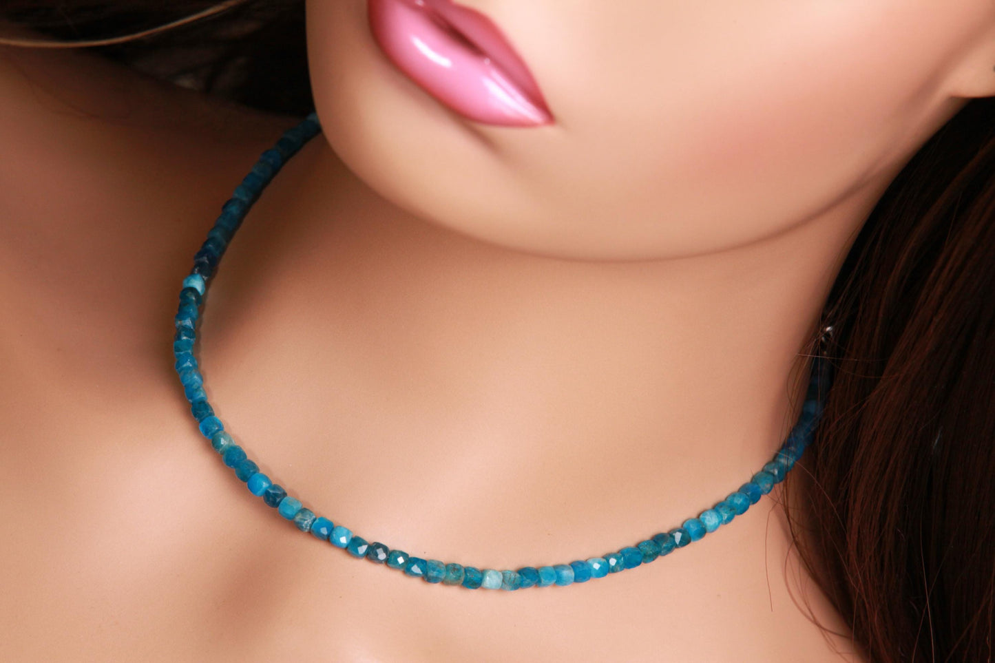 Natural Apatite 4mm Faceted Cube gemstone beaded necklace beautiful aqua neon blue beaded choker or layer necklace