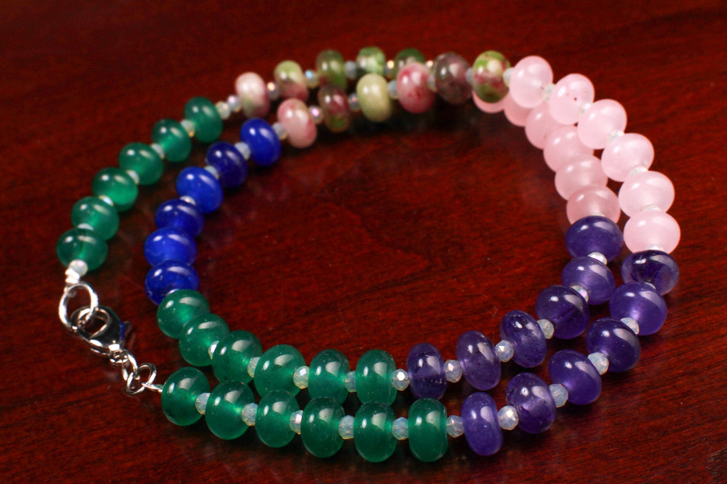 Multi color gemstone 8mm smooth Roundel Rainbow Necklace Rhodium Silver Clasp. Summer jewelry