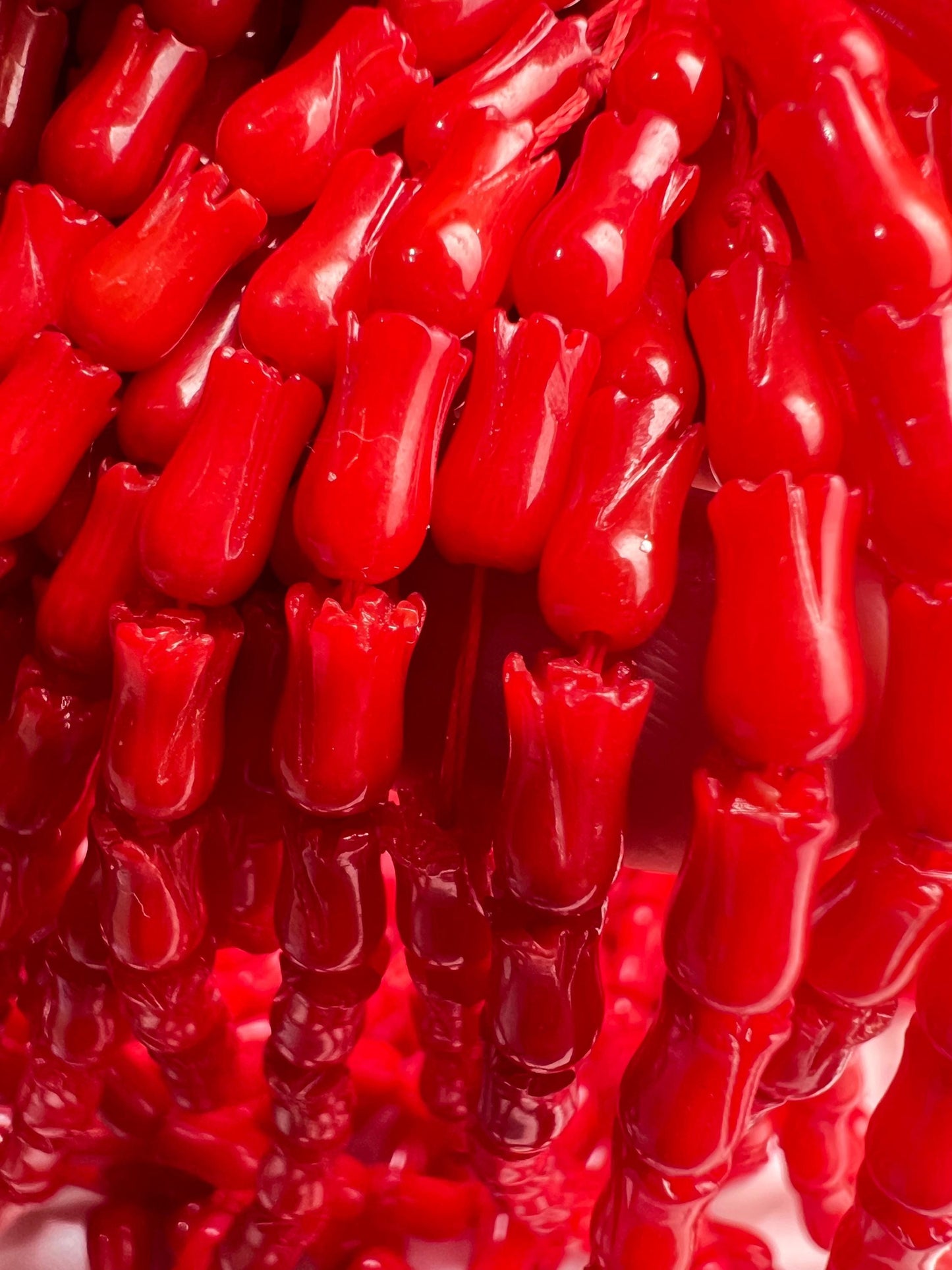 Natural Italian cora Tulip Flower Handcarved 4x8 mm AAA quality Handcrafted bright Red coral Beads 8”(26 pcs) or 15.5”(52pcs) strand