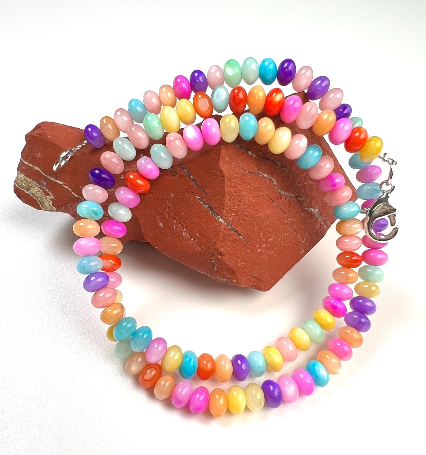 Multi mix Mother of pearl 5mm gemstone beaded handmade necklace. Disco multi color Summer beach boho necklace bachelorette valentines Gift