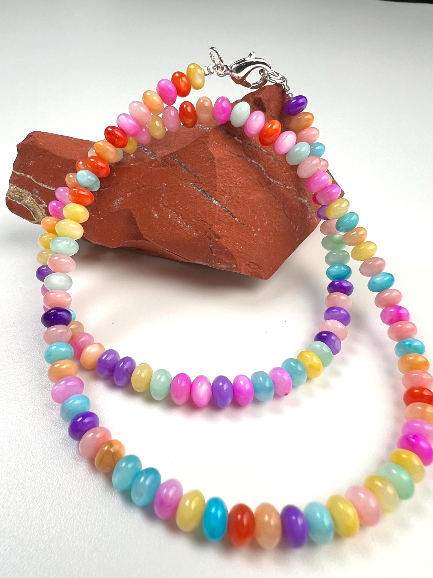 Multi mix Mother of pearl 5mm gemstone beaded handmade necklace. Disco multi color Summer beach boho necklace bachelorette valentines Gift