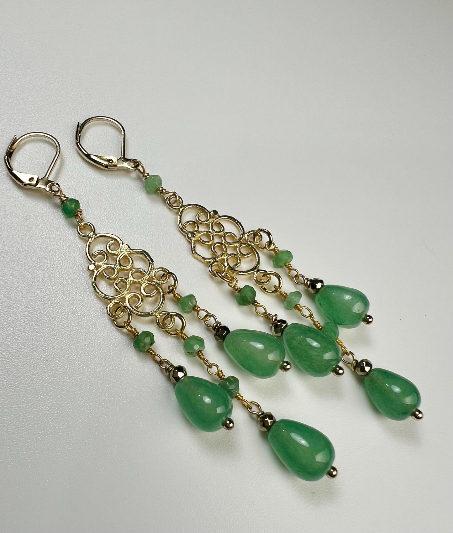 Natural Aventurine drop wire wrapped chrysoprase gemstone 22k gold vermeil chandelier Earrings handmade beautiful gift