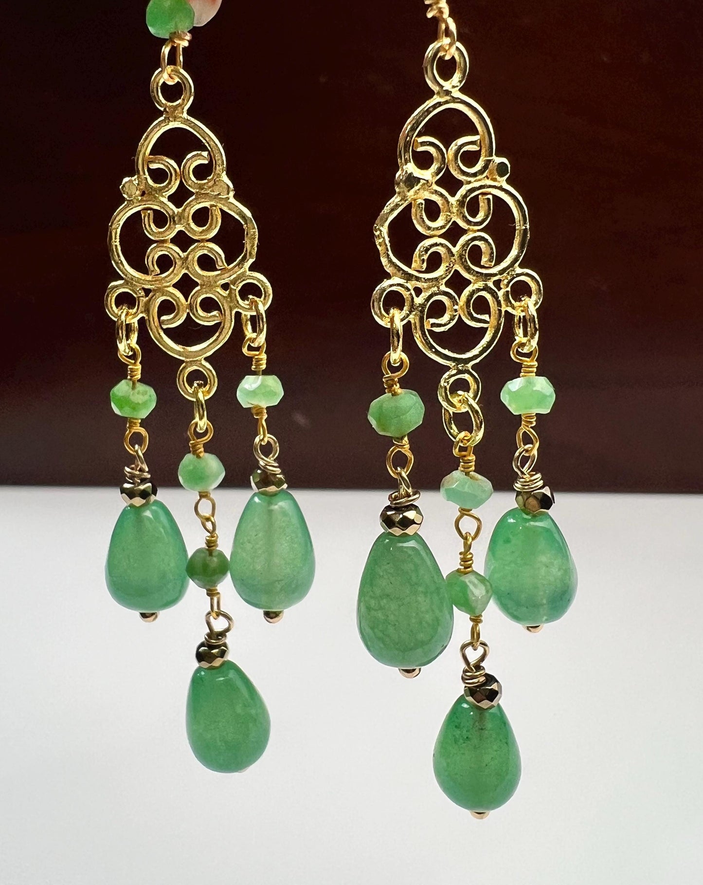Natural Aventurine drop wire wrapped chrysoprase gemstone 22k gold vermeil chandelier Earrings handmade beautiful gift