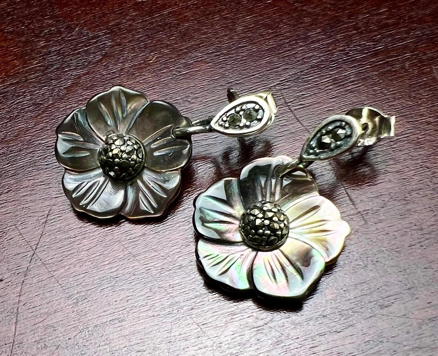 Natural Freshwater black lip Mother of pearl hand carved flower 14mm High Luster Dangling Earrings in 925 sterling silver .