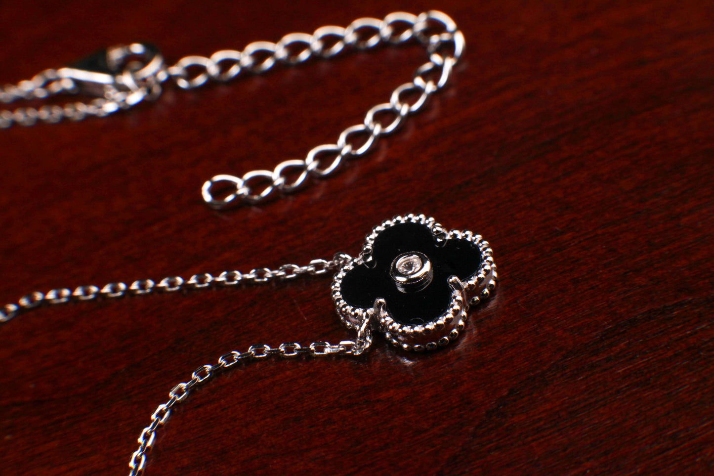 925 Sterling Silver Black Onyx Double Sided 16mm Four Leaf Flower Charm with CZ 16” plus 2” Extender Necklace, Love charm