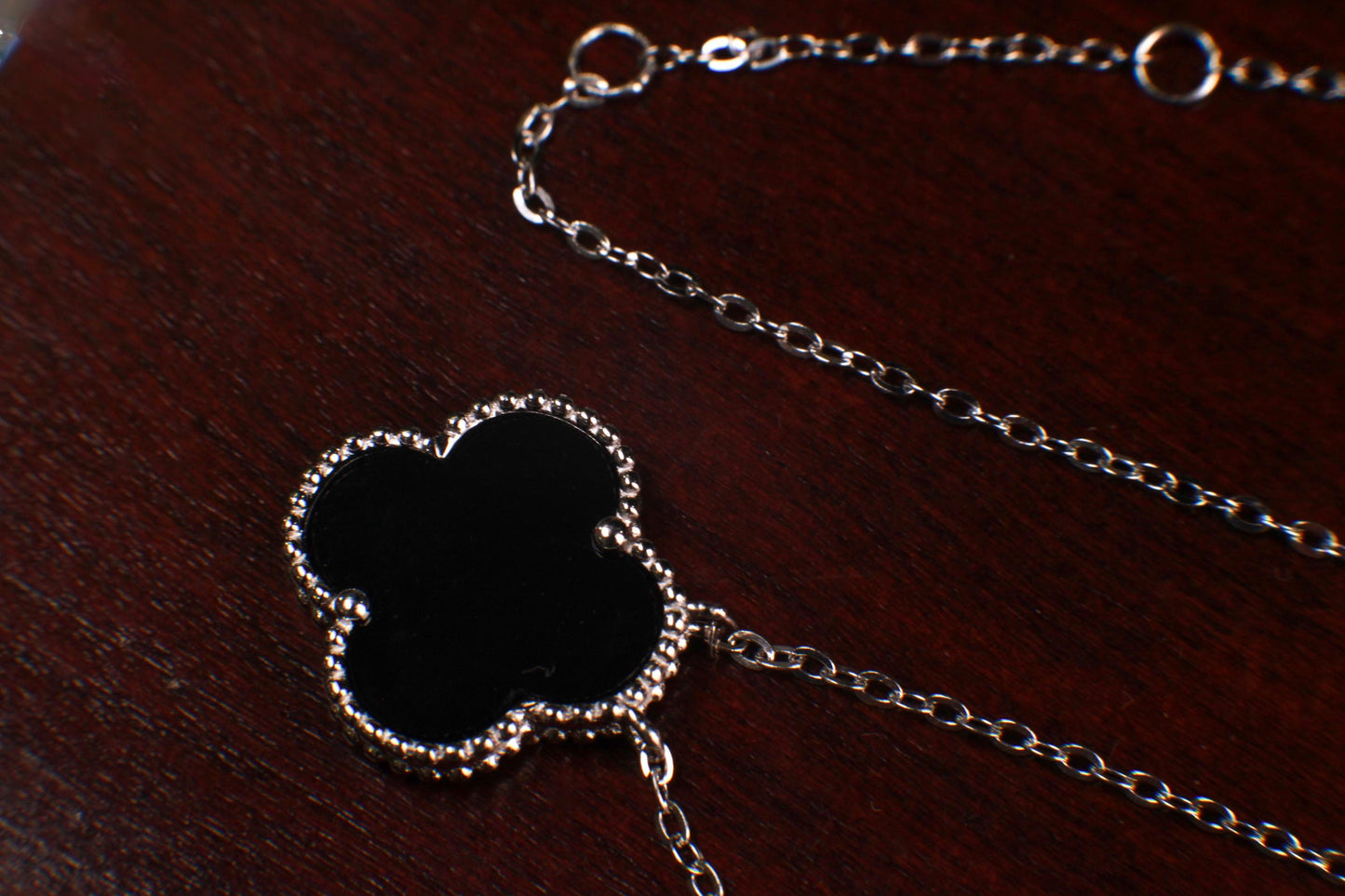 Sterling Silver Black Onyx Double Sided 16mm four leaf Flower Charm 16” extend to 17” and 18” Necklace, Love charm