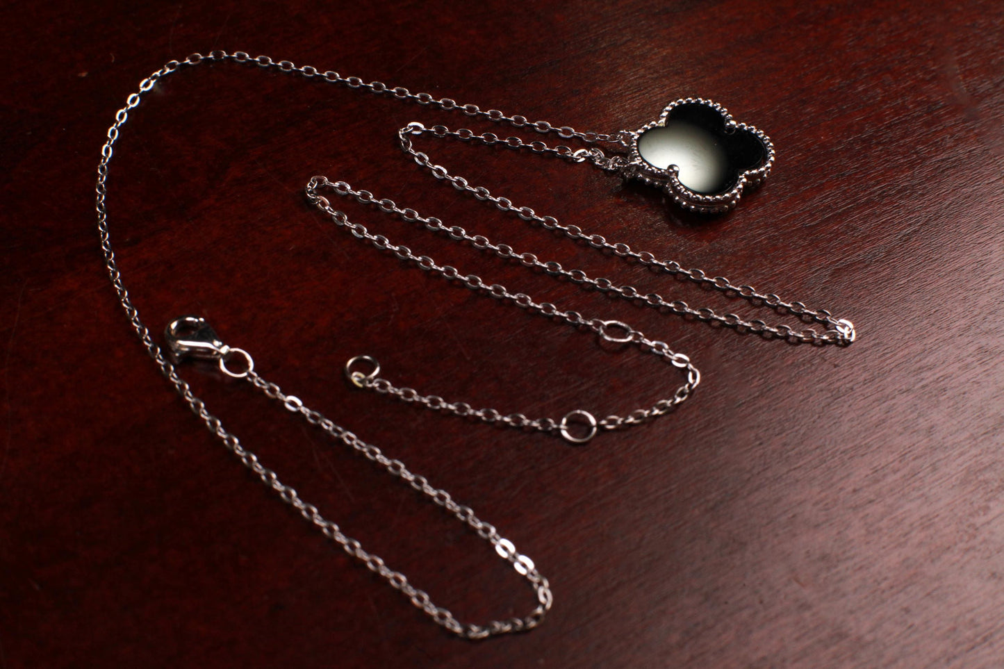 Sterling Silver Black Onyx Double Sided 16mm four leaf Flower Charm 16” extend to 17” and 18” Necklace, Love charm