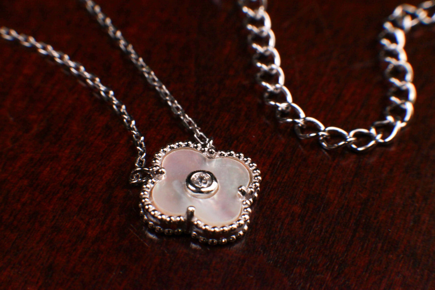925 Sterling Silver White Mother of Pearl and CZ Diamond Clover Charm Necklace, Love Faith, Hope & love gift