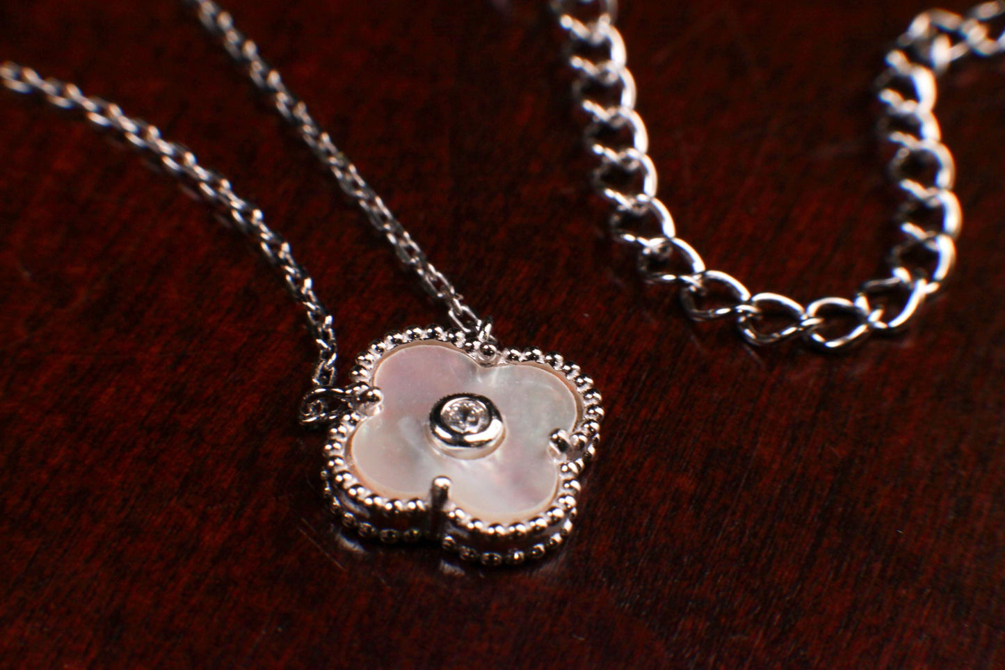925 Sterling Silver White Mother of Pearl and CZ Diamond Flower Charm Necklace, love gift