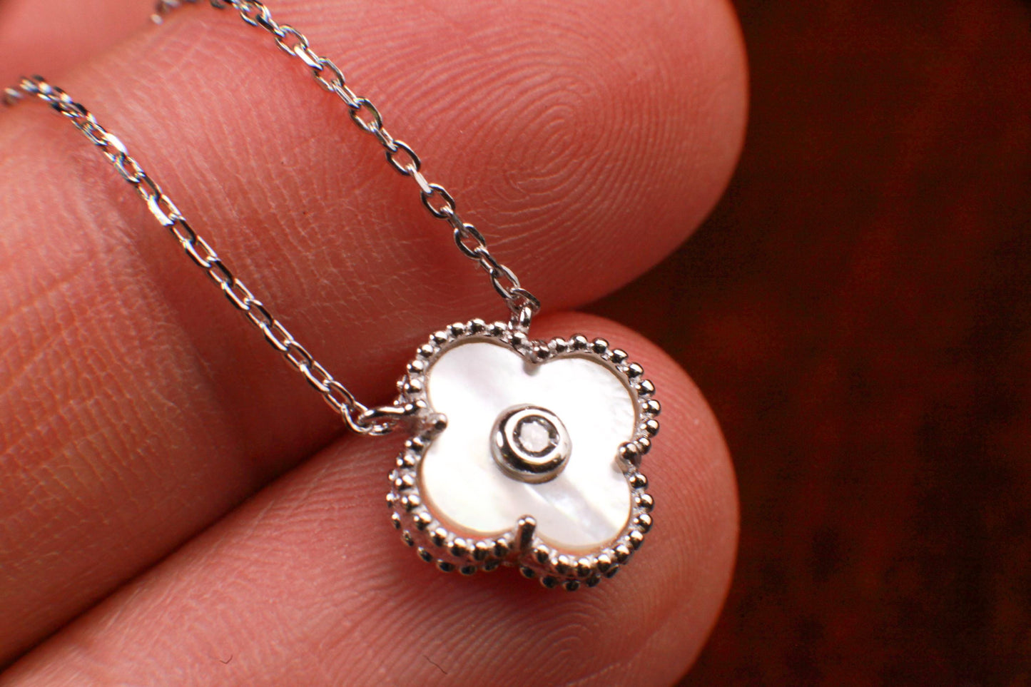 925 Sterling Silver White Mother of Pearl and CZ Diamond Clover Charm Necklace, Love Faith, Hope & love gift